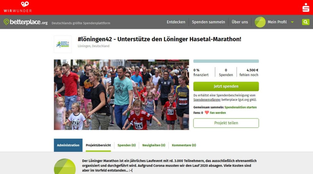 zum Bild: Über die Online­-Spendenplattform www.betterplace.org/p80011 bittet der Remmers-Hasetal-Marathon des VfL Löningen um Unterstützung. Foto: Screenshot Remmers-Hasetal-Marathon.