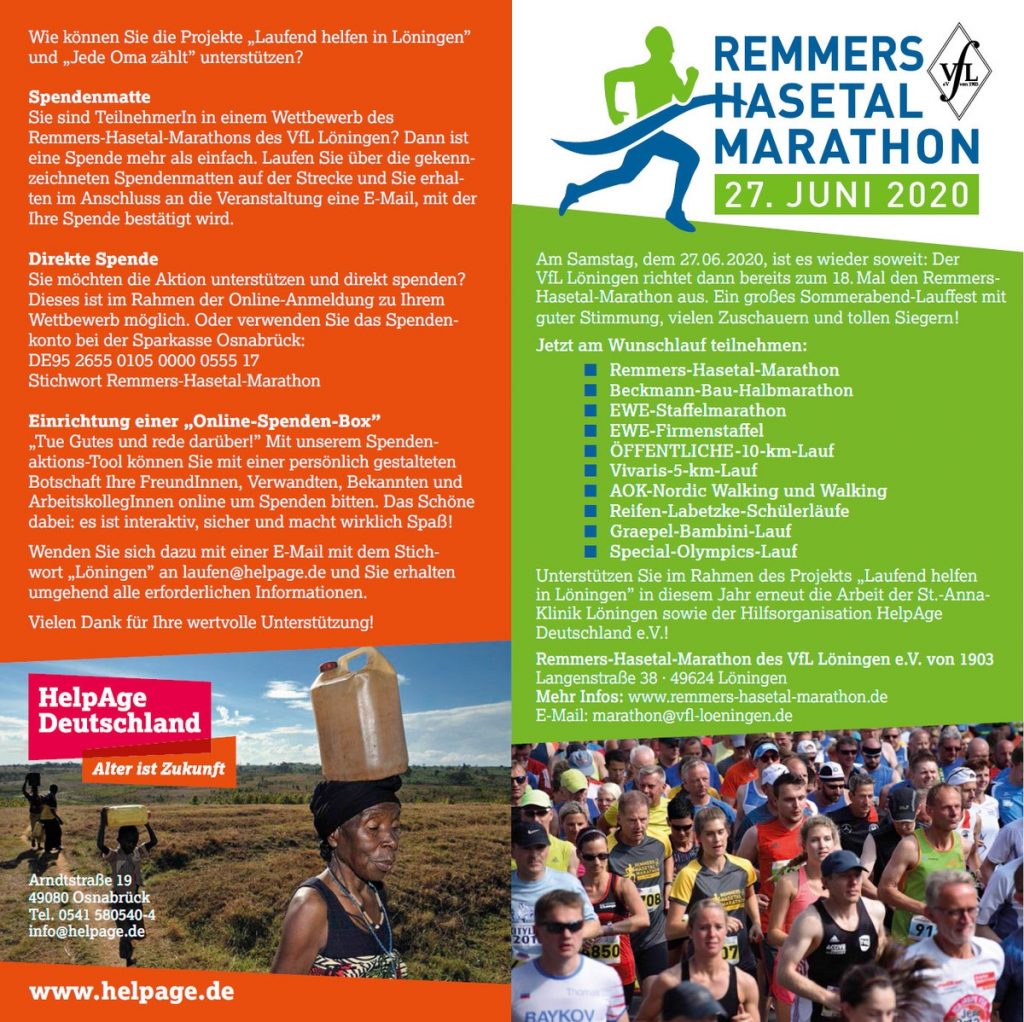 zum Bild: Titelseite des neuen Infoflyers "Laufend helfen in Löningen" 2020.