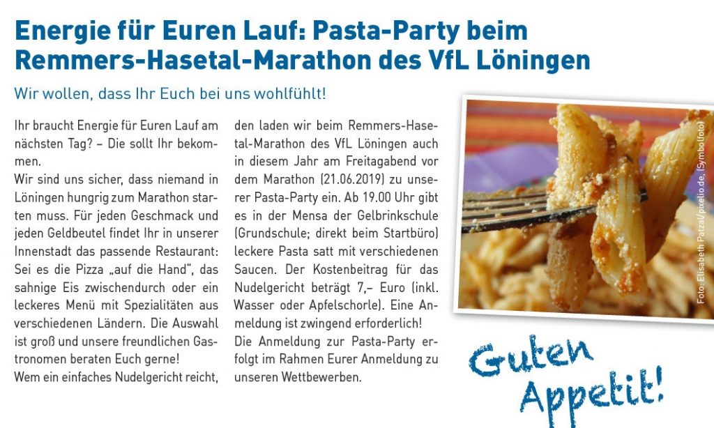 zum Bild: Pasta-Party beim Remmers-Hasetal-Marathon des VfL Löningen.