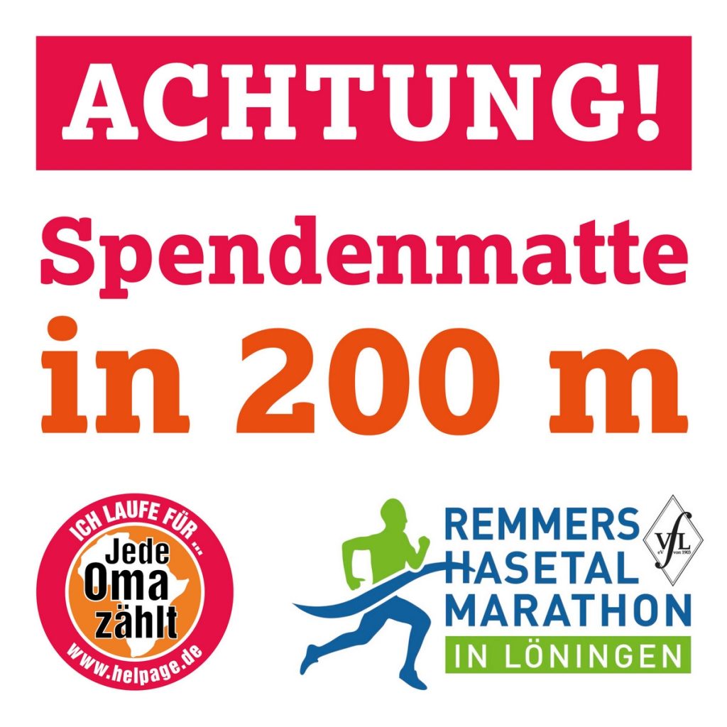 zum Bild: Mit diesen Hinweisschildern können die Läuferinnen und Läufer die aufgebauten Spendenmatten erkennen.