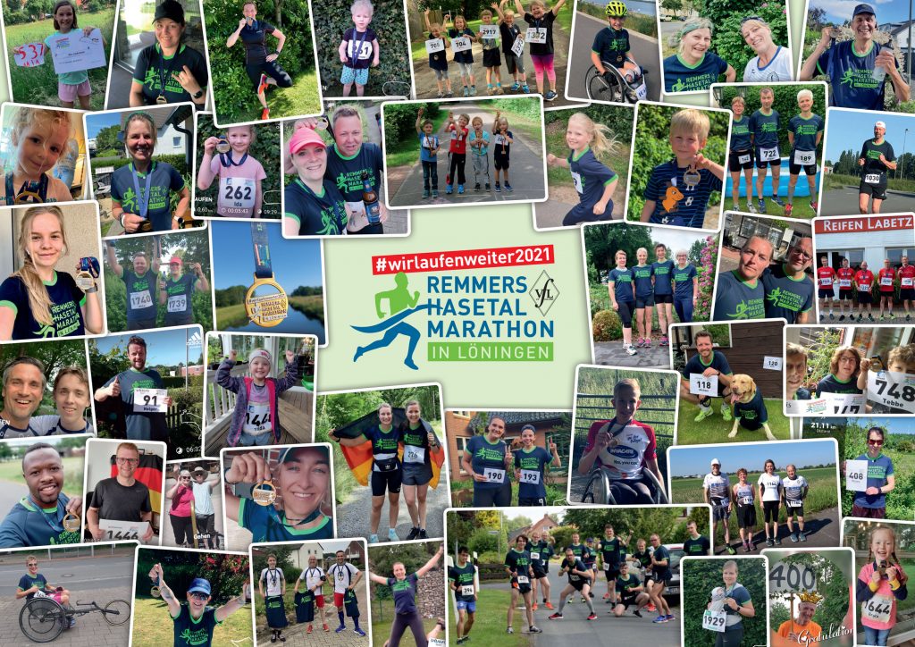 zum Bild:Mit 3.241 Anmeldungen wurde der #wirlaufenweiter2021 – Remmers-Hasetal-Marathon des VfL Löningen von zahlreichen Läuferinnen und Läufern sehr gut angenommen. Foto-Collage: Remmers-Hasetal-Marathon.